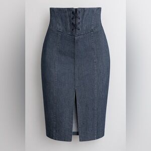 Express High-Waist Dark Indigo Denim Pencil Skirt with Front Vent